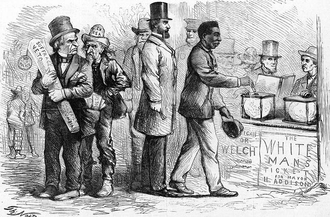 1867. gada marts, amerikāņu karikatūrista Tomasa Nasta iknedēļas Hārpera politiskā karikatūra, kurā attēlots afroamerikānis vīrietis, kurš Džordžtaunas vēlēšanu laikā iemet savu biļetenu vēlēšanu urnā, skatās Endrjū Džeksons un citi dusmīgi.