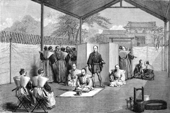 Ilustrācija par samuraju gatavošanos publiskam rituālam seppuku