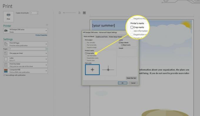 Publisher Advanced Output Settings ekrāna ekrānuzņēmums ar iezīmētu opciju Crop Marks