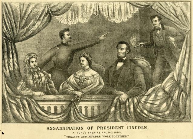 Prezidenta Linkolna slepkavība Forda teātrī 1865. gada 14. aprīlī, kā attēlots šajā H. H. Lloyd & Co. litogrāfijā.
