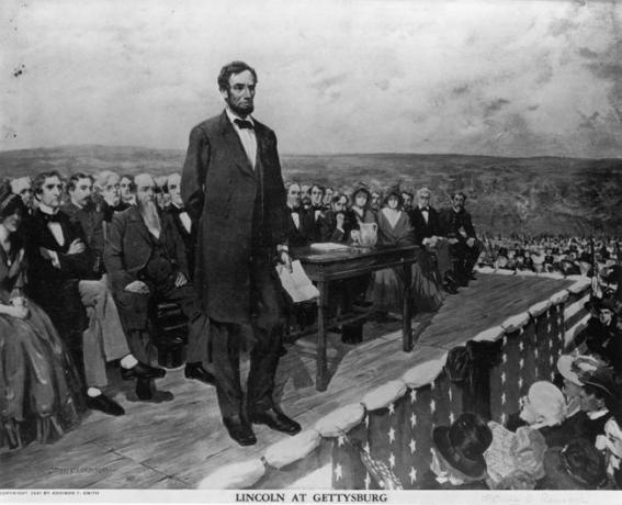 Ābrahams Linkolns, 16. Amerikas Savienoto Valstu prezidents, uzstājoties ar savu slaveno Getisburgas uzrunu 1863. gada 19. novembrī.