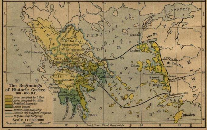 Karte, kurā parādīta Grieķija no aptuveni 600 līdz 700 B.C. ar Egejas jūru un Mazo Āziju.