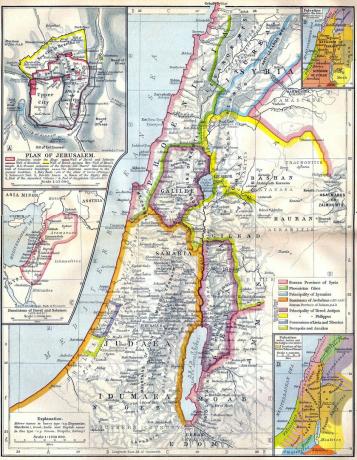 Senās Palestīnas karte ar ieliktņiem, kas parāda Jeruzalemi un Dāvida, Salamana, Joshua un tiesnešu valdības