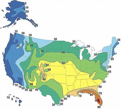 Karte, kurā norādīts vidējais negaisa dienu skaits gadā ASV (2010)