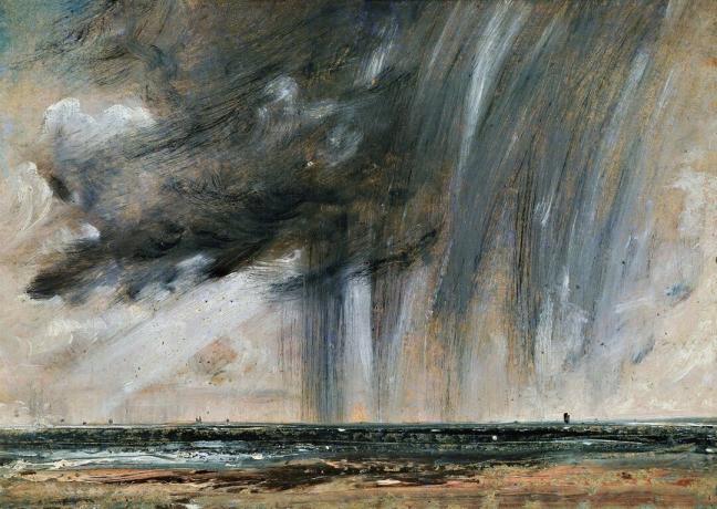 Lietusgāze virs jūras, jūras ainavas izpēte ar lietus mākoņiem, apmēram 1824-1828, autors Džons Konstabls (1776-1837), eļļa uz papīra, uzklāta uz audekla, 22,2x31 cm