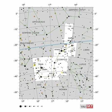 IAU zvaigžņu diagramma, kurā parādīts Skorpijs.