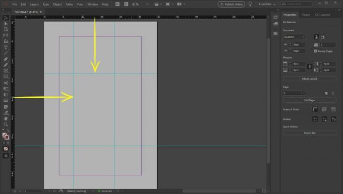 InDesign ekrānuzņēmums ar bultiņām, kas norāda, ka vadotnes tiek vilktas no lineāliem
