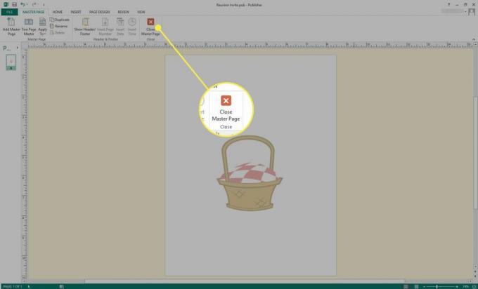 Microsoft Publisher ekrānuzņēmums ar iezīmētu pogu Aizvērt galveno lapu