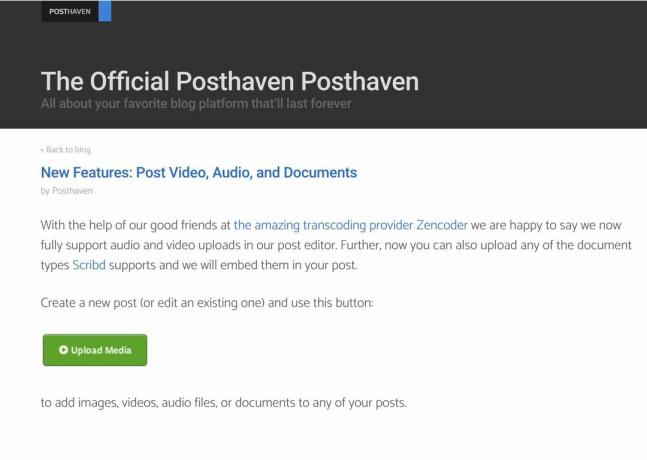 Posthaven paziņojums par video, audio un dokumentu atbalstu