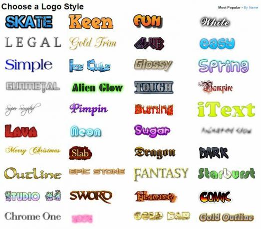 Daži no logotipa stiliem, kas pieejami vietnē Cool Text free logo maker