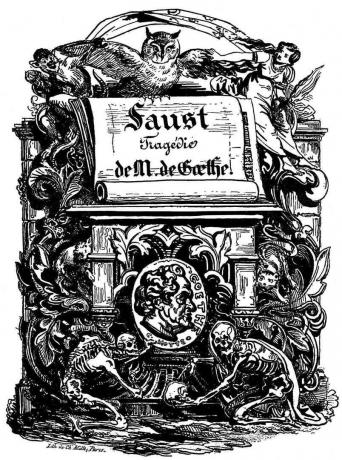 Johans Volfgangs fon Gēte - titullapa vācu dzejnieka un domātāja traģēdijai “Fausts” (Red. Stapfer, 1828). Franču romantiskā gleznotāja Ferdinanda Viktora Jevgeņija Delakruā litogrāfija.