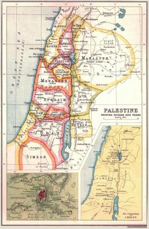 Palestīnas karte, kurā parādītas Izraēlas Divpadsmit cilšu teritorijas ar Jeruzalemes un Jeruzalemes ielejām 