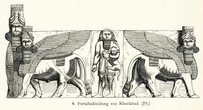 portāla stabules no Dur-Sharrukin, Sargon pils, Khorsabad, Irāka