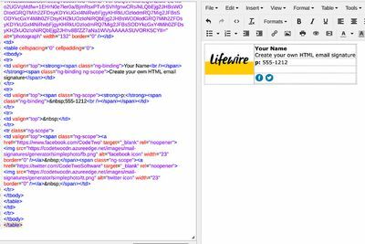 HTML paraksts (pa labi) ar HTML kodu (pa kreisi)