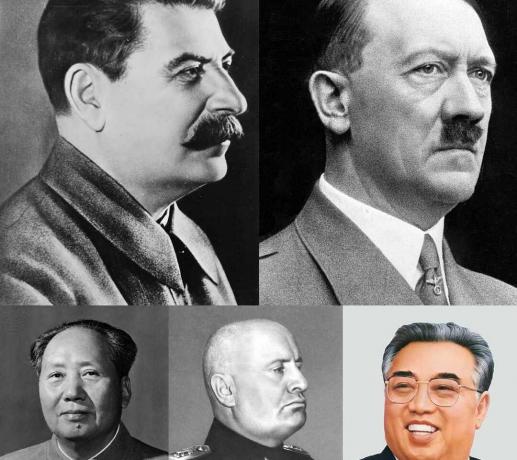 Totalitāro līderu kolāža (katrā rindā - no kreisās uz labo) Josifs Staļins, Ādolfs Hitlers, Mao Dzeduns, Benito Musolīni un Kims Il-sungs.