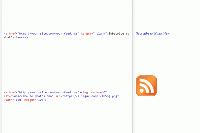 Ekrānuzņēmums, kurā parādīti divi veidi, kā izveidot saiti uz RSS plūsmu, izmantojot HTML