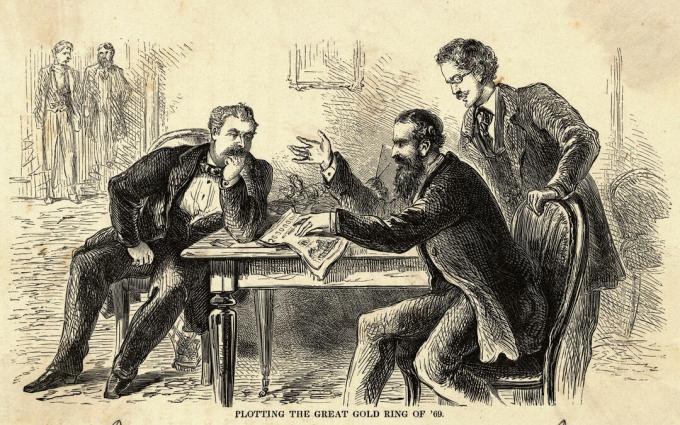 Džeimss Fisks (pa kreisi) un Džejs Goulds (sēž pa labi), uzzīmējot 1869. gada Lielo zelta gredzenu. Gravēšana.