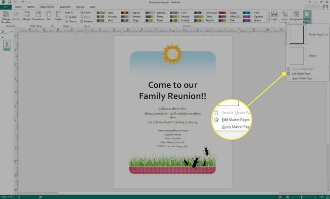 Microsoft Publisher ekrānuzņēmums ar komandu Rediģēt galvenās lapas