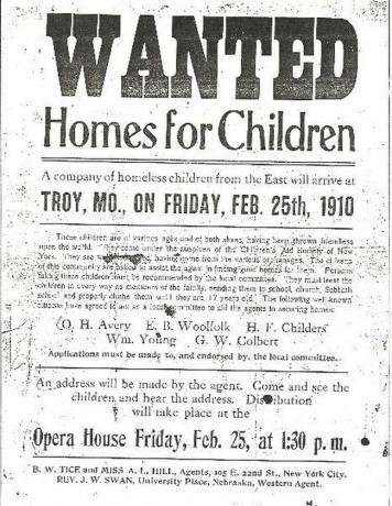 1910. gada 25. februāra skrejlapa “Wanted: Home for Children”.