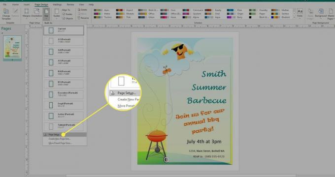 Microsoft Publisher ekrānuzņēmums ar iezīmētu komandu Page Setup