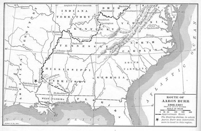 Karte ilustrē bijušā ASV viceprezidenta Ārona Burra aptuveno maršrutu viņa ceļojuma laikā pa Misisipi upi, kas kļuva pazīstama kā Burra sazvērestība 1806.–1807.