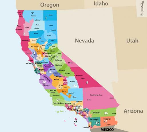 Kalifornijas 53 ASV kongresu apgabalu karte.
